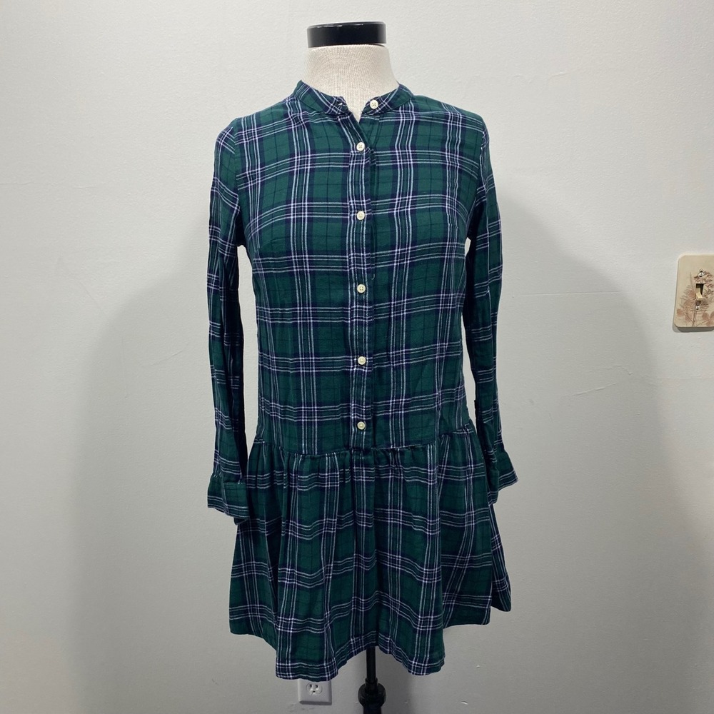 GAP Green Buffalo Plaid Long Sleeve Drop Waist Shirtdress Petite XS Soft Flannel